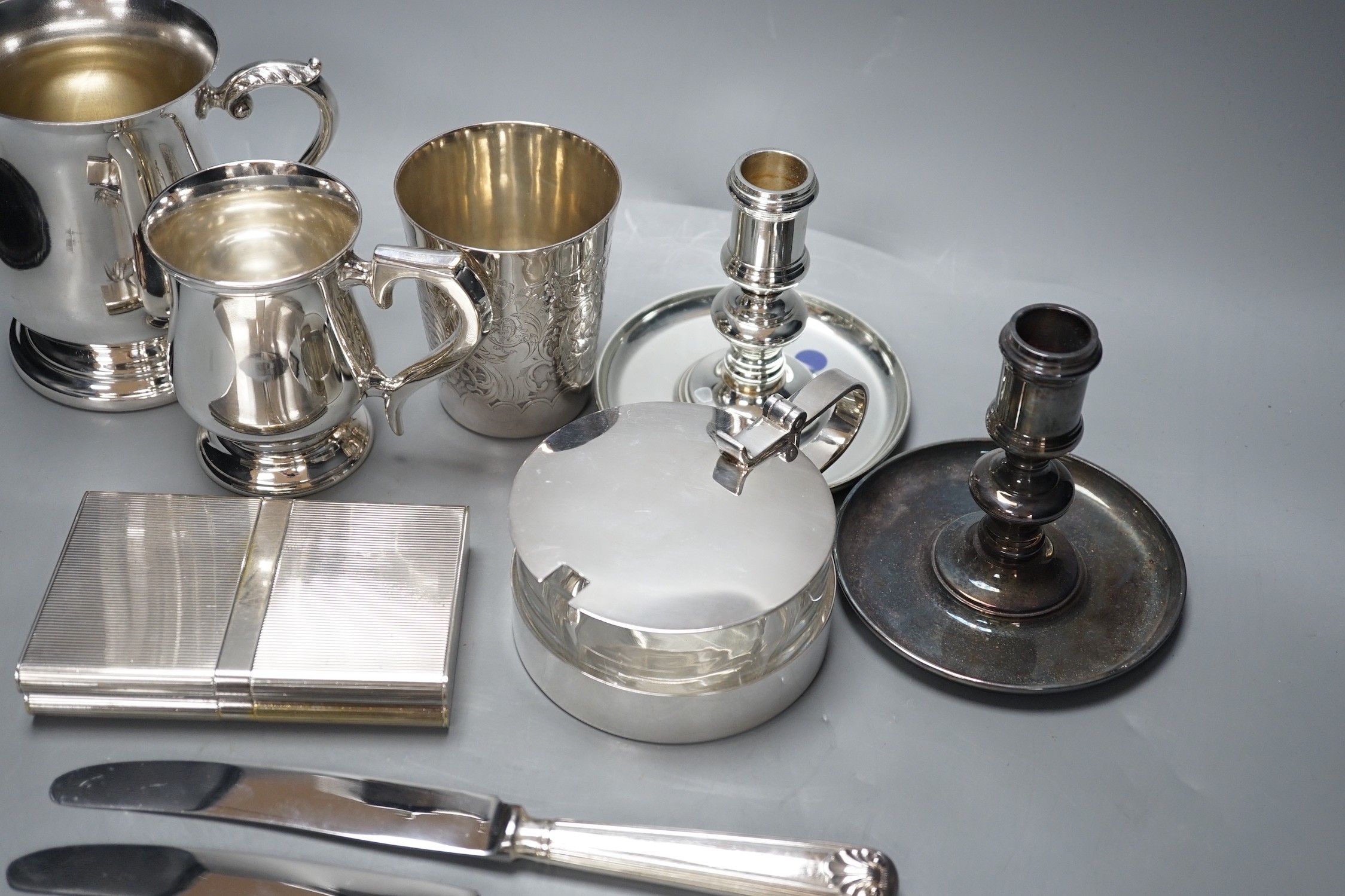 A Christofle plated preserve dish, assorted plated flatware, a beaker, etc.